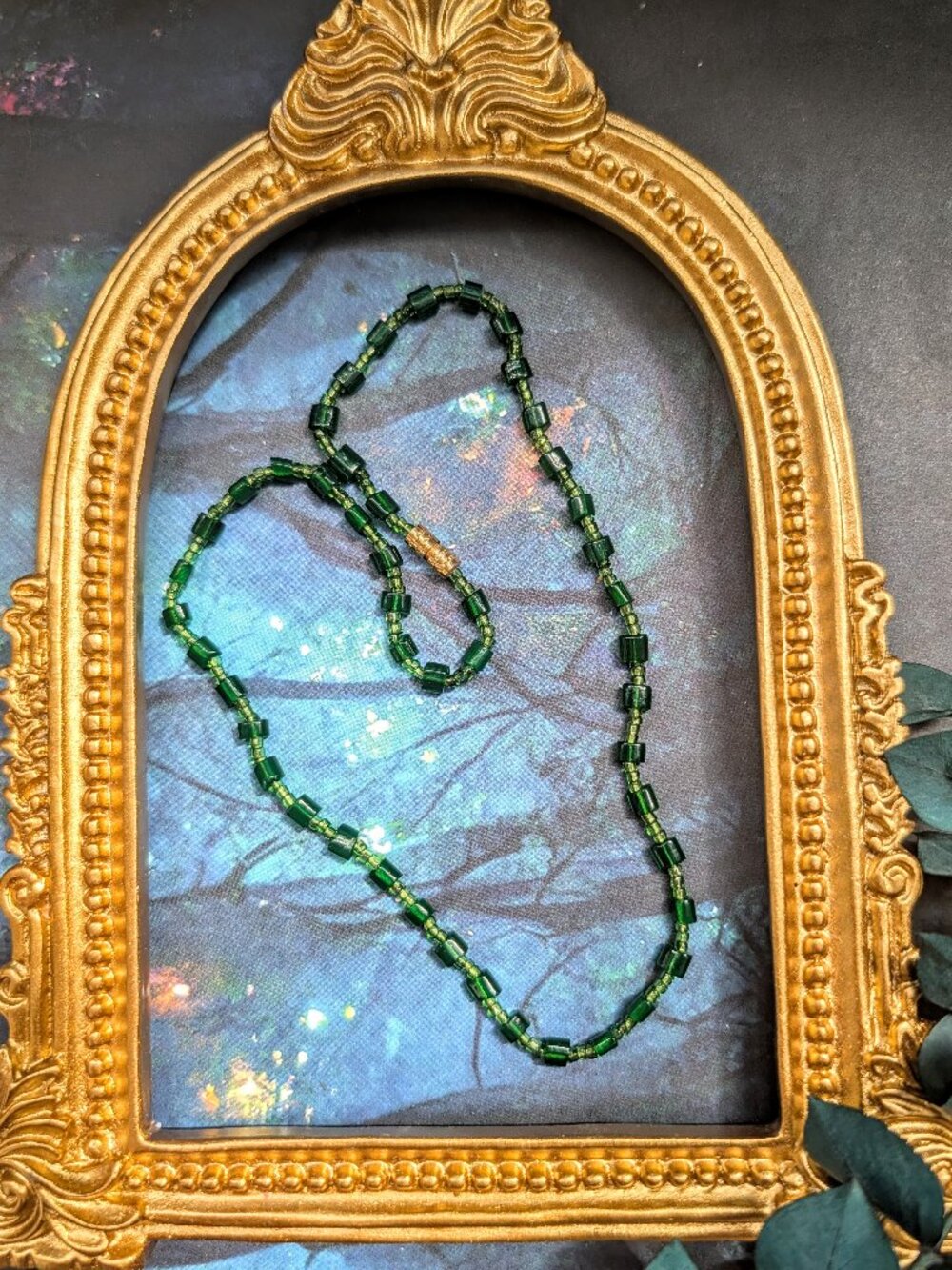 Vintage handmade green beaded necklace with square and seed beads
